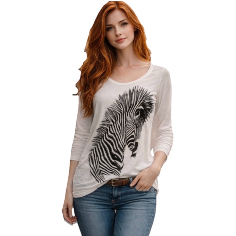 Lauren Moshi Zebra Women’s White Graphic Long Sleeve Blouse Size Small